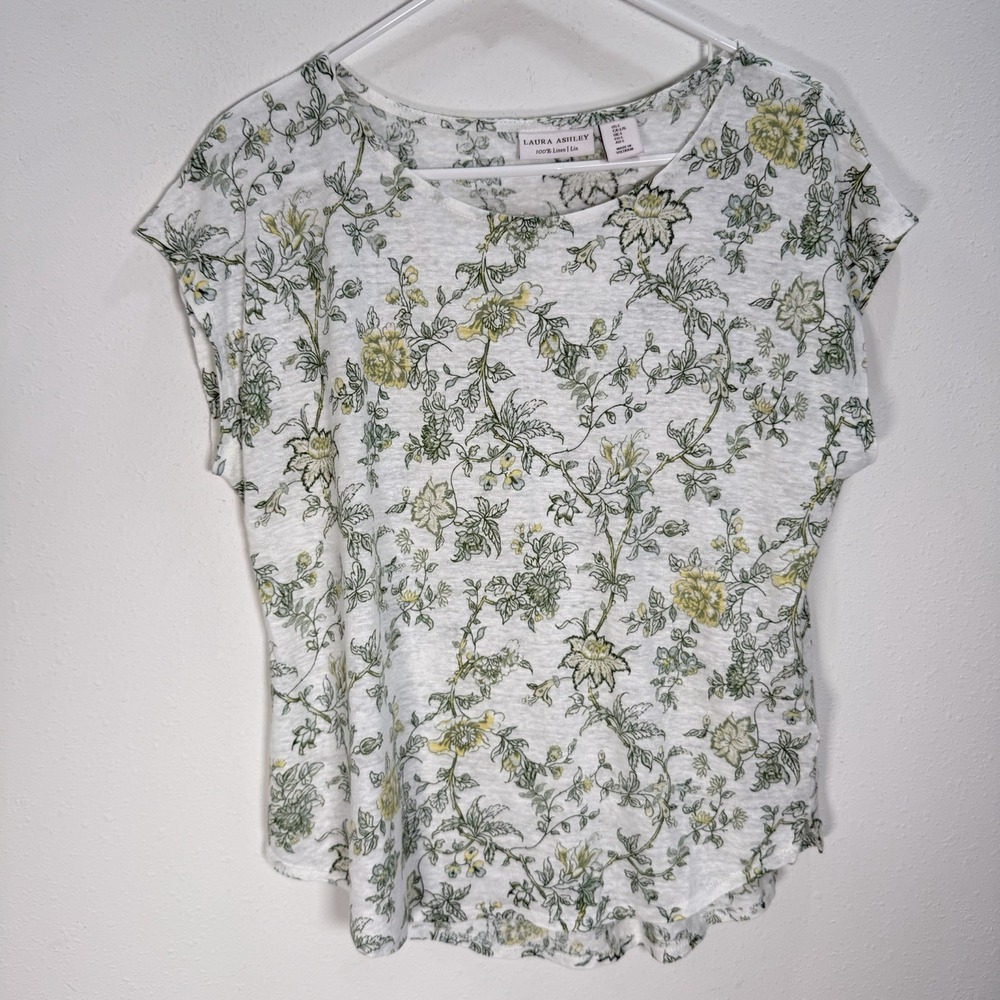 Laura Ashley Top Womens Floral 100% Linen Sz L Tee Short Sleeve Cottage Country